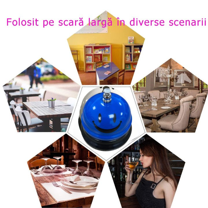 Clopotel Receptie Multifunctional, Metalic cu Baza Plastic, Design Smiley Face, Albastru, 7.5x7.5x6.5 cm