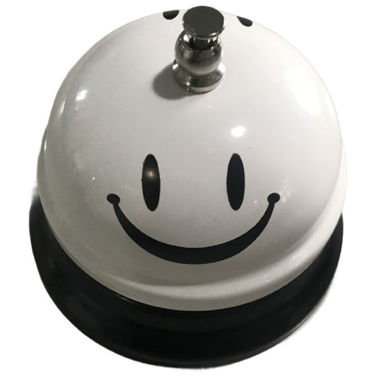 Clopotel Receptie Multifunctional cu Imprimeu Smiley Face, Clopotel Masa pentru Restaurant si Hotel, Metal si Plastic, 7.5x7.5x6.5 cm, Alb
