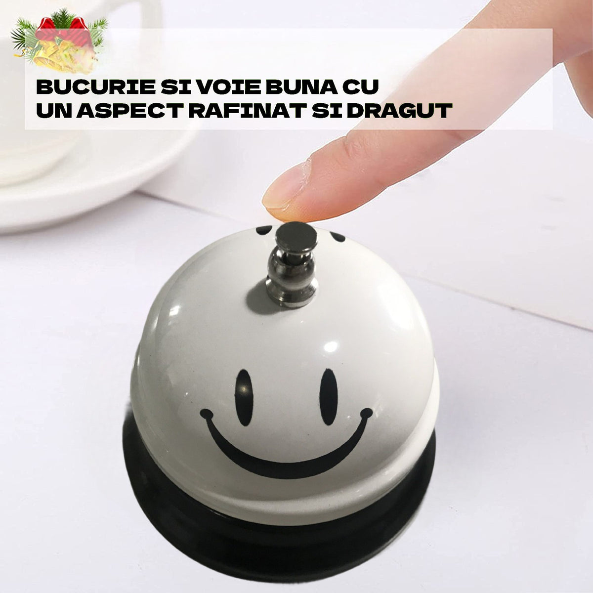 Clopotel Receptie Multifunctional cu Imprimeu Smiley Face, Clopotel Masa pentru Restaurant si Hotel, Metal si Plastic, 7.5x7.5x6.5 cm, Alb
