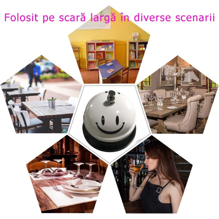Clopotel Receptie Multifunctional cu Imprimeu Smiley Face, Clopotel Masa pentru Restaurant si Hotel, Metal si Plastic, 7.5x7.5x6.5 cm, Alb