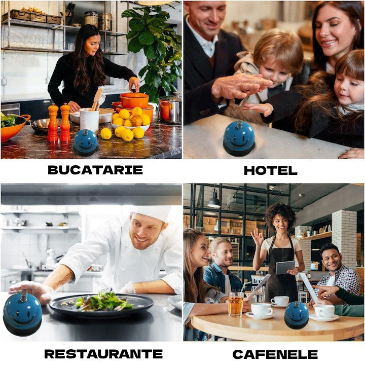 Clopotel Receptie Multifunctional, Metalic cu Sunet Clar si Imprimeu Smiley Face, Design Ergonomic pentru Restaurant sau Hotel, Albastru Deschis, 7.5x7.5x6.5 cm