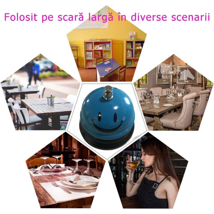 Clopotel Receptie Multifunctional, Metalic cu Sunet Clar si Imprimeu Smiley Face, Design Ergonomic pentru Restaurant sau Hotel, Albastru Deschis, 7.5x7.5x6.5 cm