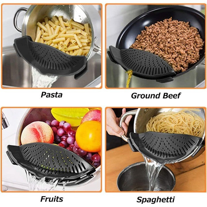 Strecuratoare Silicon cu Clips pentru Oale si Tigai, Filtru Universal pentru Paste si Legume, Termorezistent, Compact, 23x12.5x6.7 cm, Negru