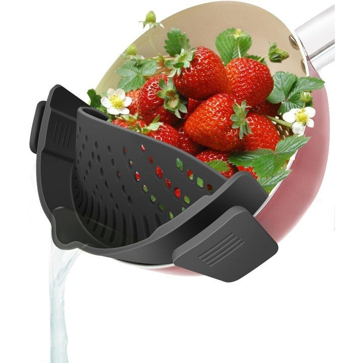 Strecuratoare Silicon cu Clips pentru Oale si Tigai, Filtru Universal pentru Paste si Legume, Termorezistent, Compact, 23x12.5x6.7 cm, Negru