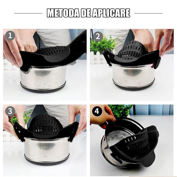 Strecuratoare Silicon cu Clips pentru Oale si Tigai, Filtru Universal pentru Paste si Legume, Termorezistent, Compact, 23x12.5x6.7 cm, Negru