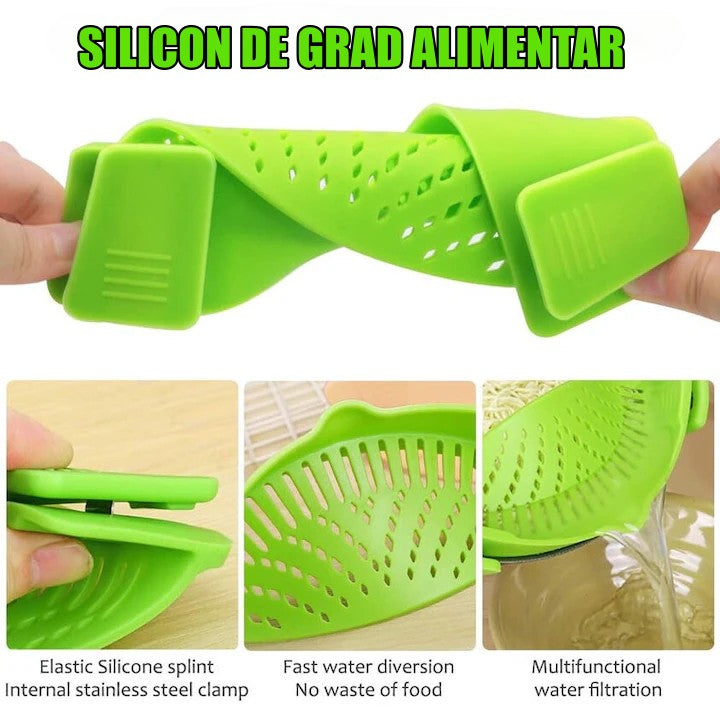 Strecuratoare Universala pentru Vase cu Fixare Clip, Filtru Silicon Rezistent la Caldura pentru Paste si Legume, Design Compact, 23x12.5x6.7 cm, Verde