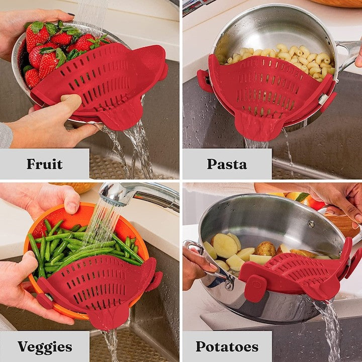 Strecuratoare Universala pentru Vase cu Fixare Clip, Filtru din Silicon Rezistent la Caldura pentru Paste si Legume, Rosu, 23x12.5x6.7 cm