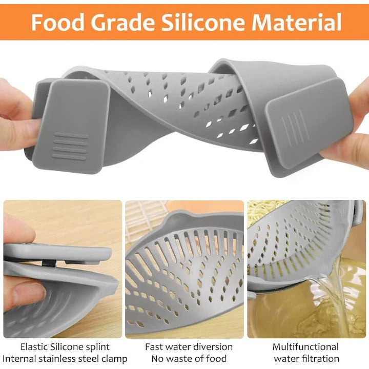 Strecurator Filtru pentru Vase cu Prindere Tip Clip, Sita Silicon Termorezistent pentru Paste si Legume, Design Universal, 23x12.5x6.7 cm, Gri