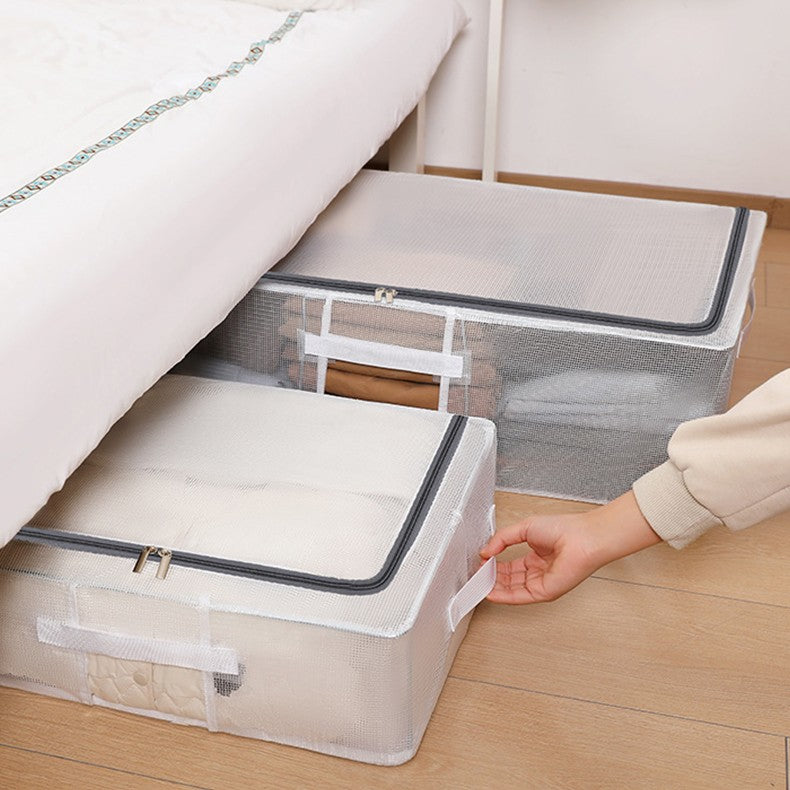 Cutie Depozitare Haine si Incaltaminte, Organizator Pliabil cu Fermoar Bidirectional si Manere, Plasa PVC Impermeabila, 80 x 47 x 24 cm, Transparenta