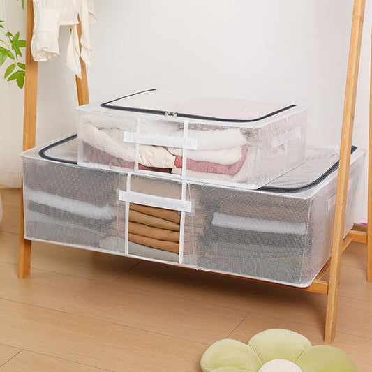Cutie Depozitare Haine si Incaltaminte, Organizator Pliabil cu Fermoar Bidirectional si Manere, Plasa PVC Impermeabila, 80 x 47 x 24 cm, Transparenta