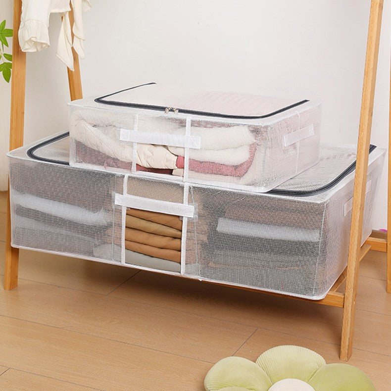 Cutie Depozitare Pantofi si Haine, Organizator sub Pat cu Fermoar Bidirectional, Plasa PVC Impermeabila, Pliabila cu Manere Laterale, Transparent, 50 x 40 x 15 cm