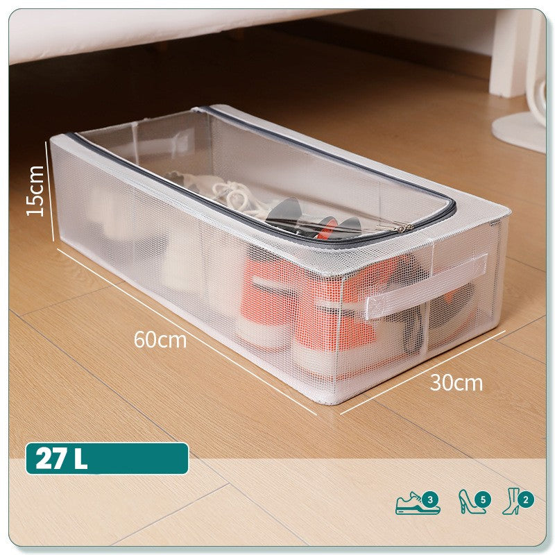 Cutie Depozitare Pantofi si Haine, Organizator Pliabil cu Cadru de Otel si Fermoar Bidirectional, Plasa PVC Impermeabila, 60 x 30 x 15 cm, Transparenta