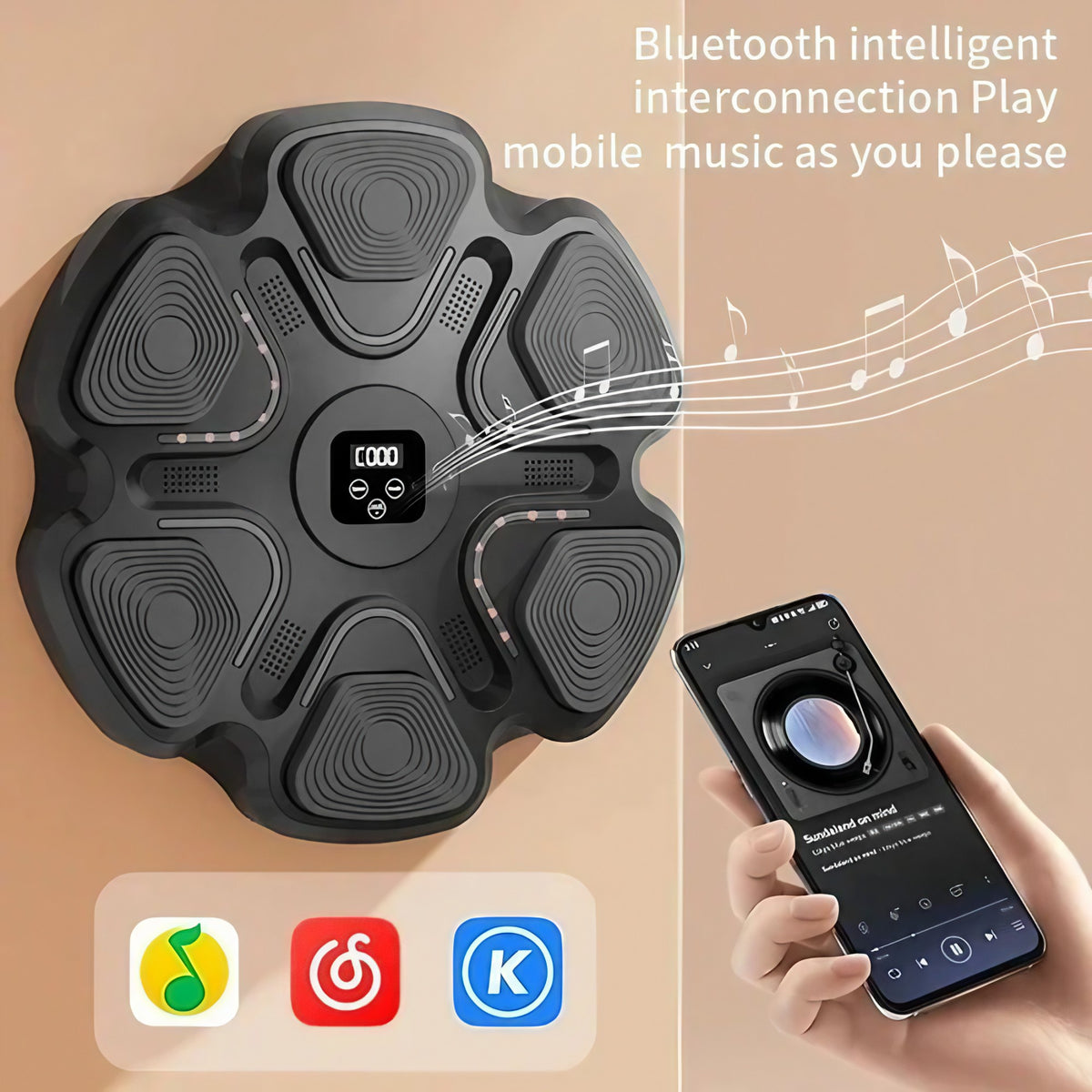 Aparat Box Inteligent Cu Muzica, Antrenament Interactiv Cu Bluetooth Si Iluminare LED, Montare Pe Perete, Include Manusi Adulti, Negru, 38 x 27 x 32 cm