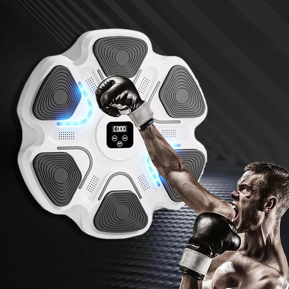 Aparat Box cu Muzica, Antrenament Interactiv, Conectivitate Bluetooth, Iluminare LED, Montare pe Perete, Manusi Incluse, Alb, 38 x 27 x 32 cm