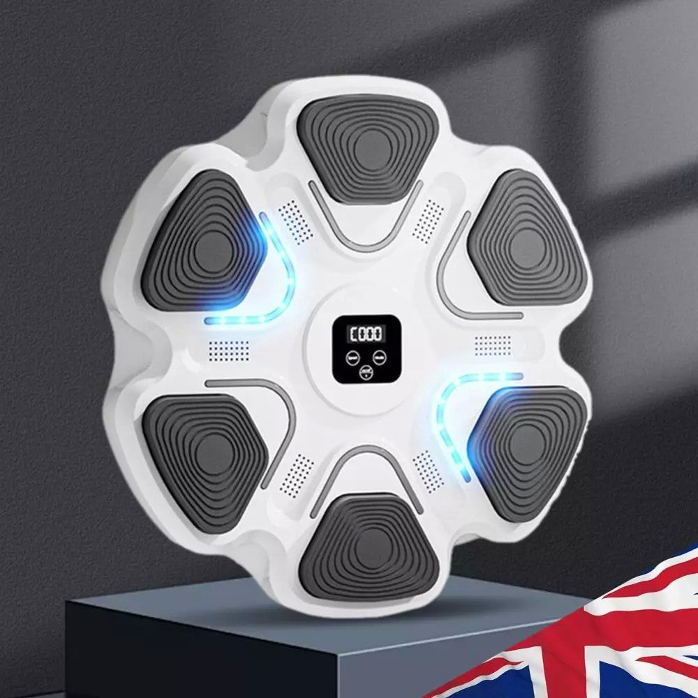 Aparat Box cu Muzica, Antrenament Interactiv, Conectivitate Bluetooth, Iluminare LED, Montare pe Perete, Manusi Incluse, Alb, 38 x 27 x 32 cm