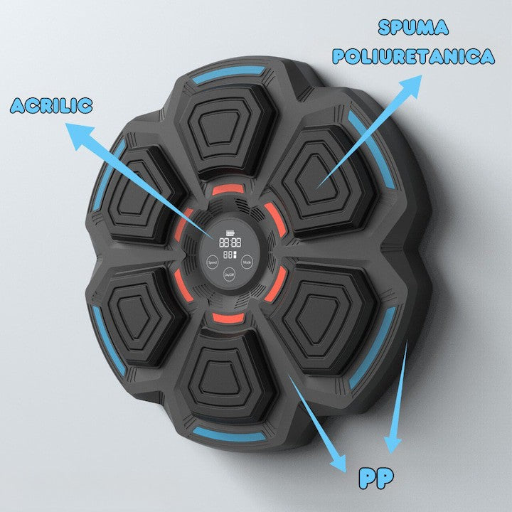 Tinta Box Inteligenta Muzicala, Aparat Antrenament cu Bluetooth si Joc Lumini LED, Montaj Perete, 6 Zone Impact, Plastic ABS si Spuma, 42 cm, Negru, Manusi Incluse