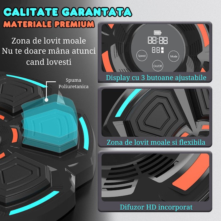 Tinta Box Inteligenta Muzicala, Aparat Antrenament cu Bluetooth si Joc Lumini LED, Montaj Perete, 6 Zone Impact, Plastic ABS si Spuma, 42 cm, Negru, Manusi Incluse