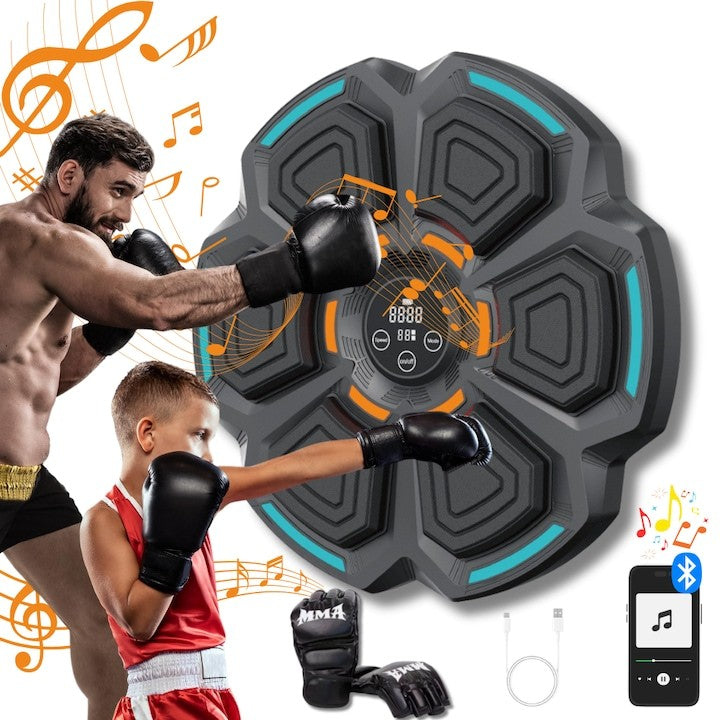 Tinta Box Inteligenta Muzicala, Aparat Antrenament cu Bluetooth si Joc Lumini LED, Montaj Perete, 6 Zone Impact, Plastic ABS si Spuma, 42 cm, Negru, Manusi Incluse