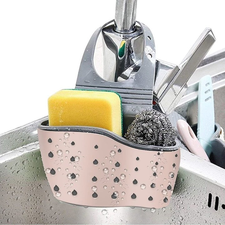 Suport Scurgere pentru Burete si Laveta, Organizator Chiuveta cu Orificii de Ventilare si Curea Reglabila, Plastic Flexibil, Roz, 15 x 5 x 21 cm