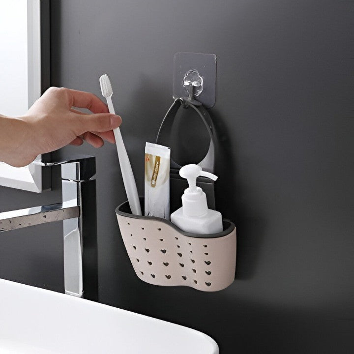 Suport Scurgere pentru Burete si Laveta, Organizator Chiuveta cu Orificii de Ventilare si Curea Reglabila, Plastic Flexibil, Roz, 15 x 5 x 21 cm