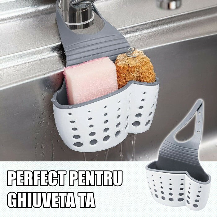 Suport Scurgere Chiuveta pentru Burete si Laveta, Organizator cu Curea Reglabila si Orificii Drenaj, Plastic Flexibil, Albastru, 15x5x21 cm