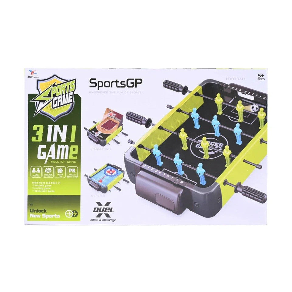 Masa de Fotbal 3in1, Baschet si Curling, Joc Interactiv cu Tablou de Scor si 4 Manere, ABS si Metal, 36.5 x 6.6 x 22.5 cm, Verde/Negru