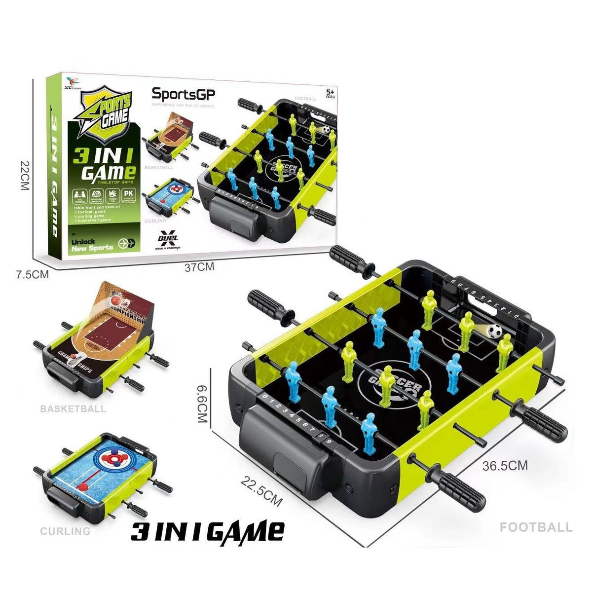 Masa de Fotbal 3in1, Baschet si Curling, Joc Interactiv cu Tablou de Scor si 4 Manere, ABS si Metal, 36.5 x 6.6 x 22.5 cm, Verde/Negru