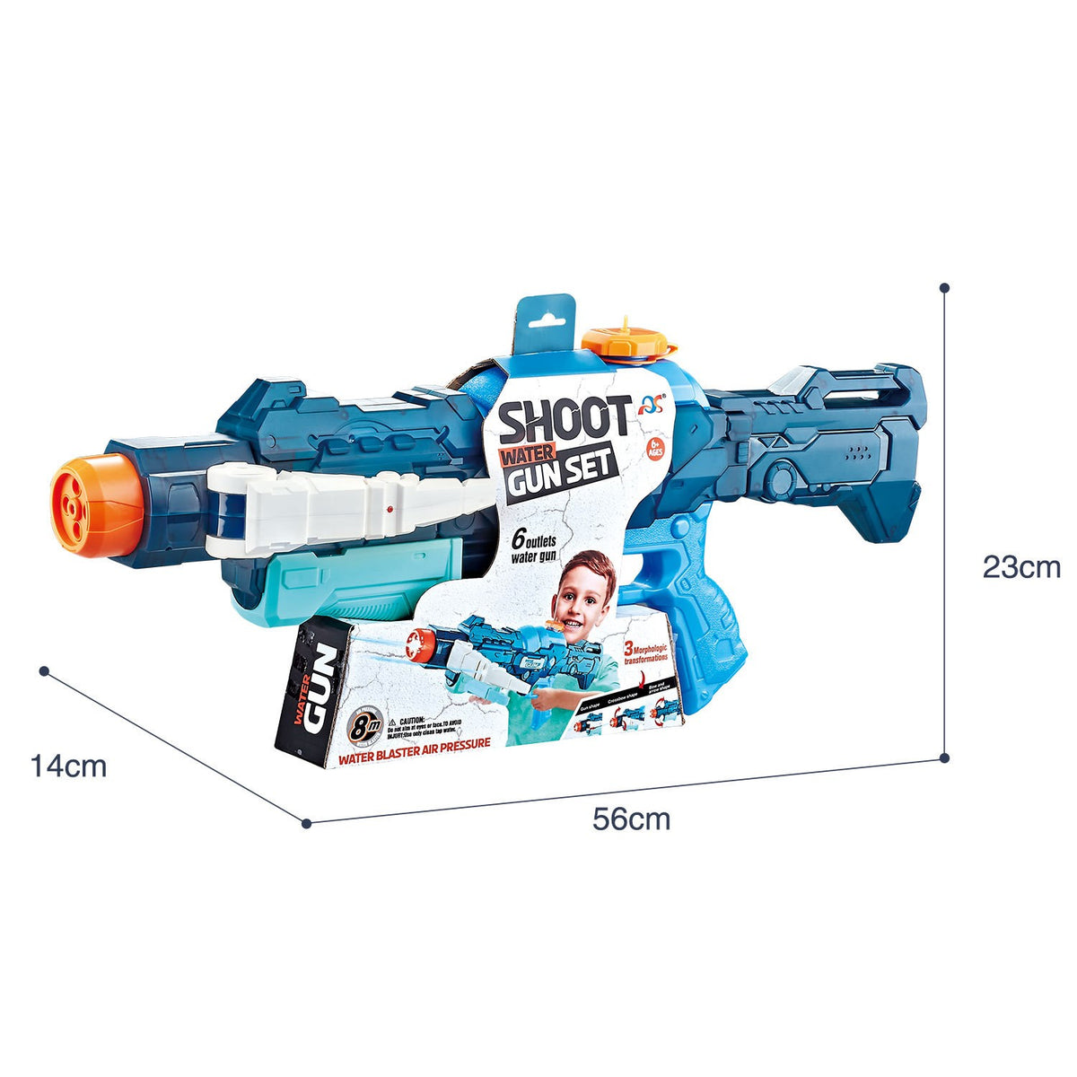Pistol Cu Apa, Jucarie De Vara Cu 4 Moduri De Stropire Si Raza 8m, Plastic Rezistent, Rezervor 700 ml, 56 cm, Albastru, +6 Ani