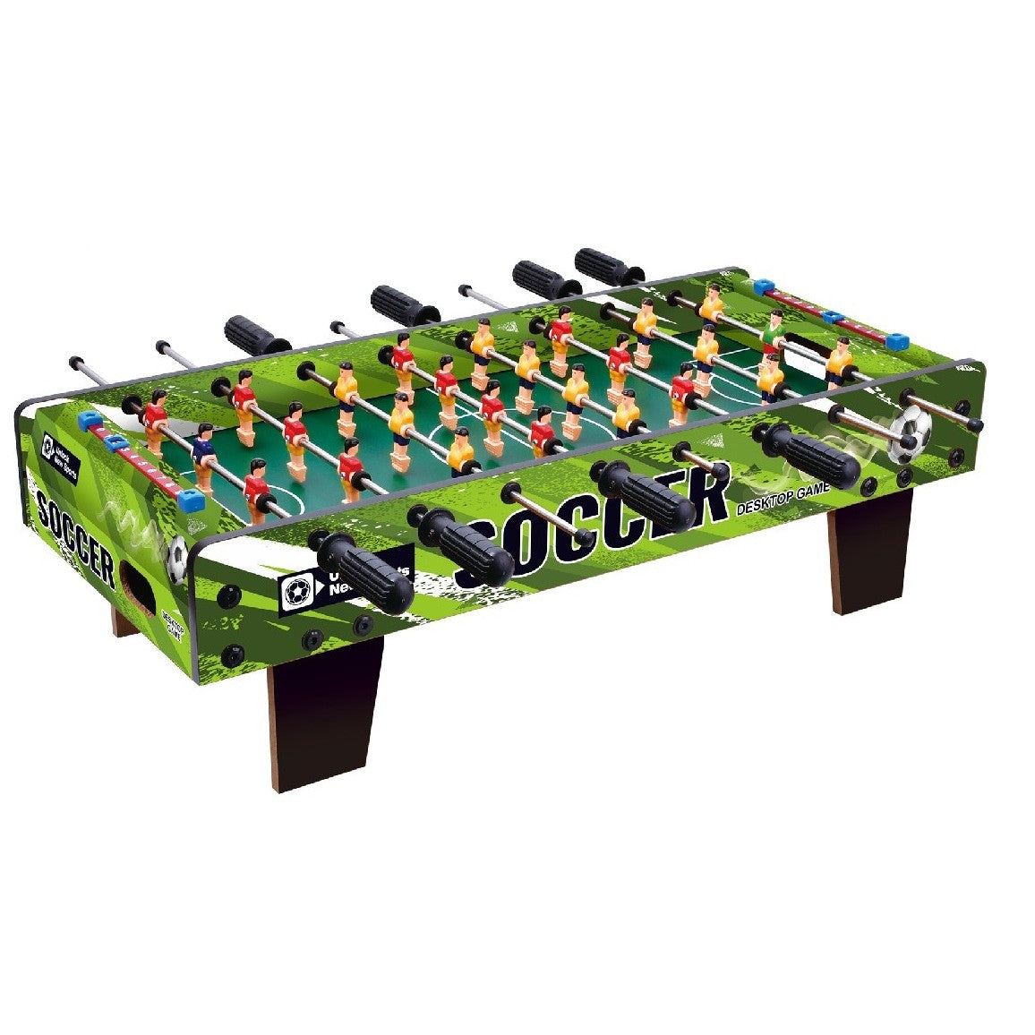Masa de Fotbal pentru Copii si Adulti, 8 Manere Ergonomice si Tablou de Scor, Picioare Scurte Stabile, Lemn si Otel, 64 x 20 x 47 cm, Verde/Maro