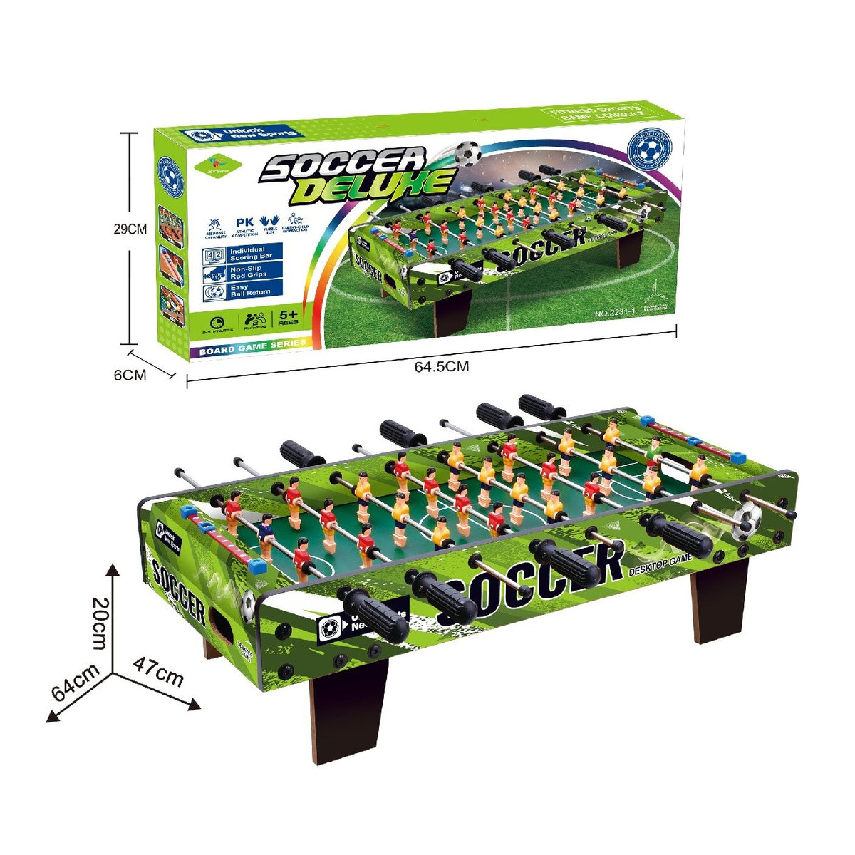 Masa de Fotbal pentru Copii si Adulti, 8 Manere Ergonomice si Tablou de Scor, Picioare Scurte Stabile, Lemn si Otel, 64 x 20 x 47 cm, Verde/Maro