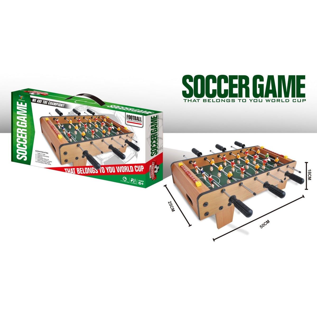 Masa de Fotbal pentru Copii si Adulti, Mini Fotbal de Masa cu 6 Manere si Tablou de Scor, Lemn si Otel, 50 x 25 x 18 cm, Maro/Verde
