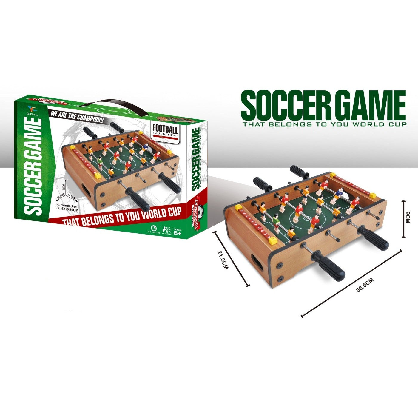 Masa de Fotbal pentru Copii si Adulti, Mini Foosball Compact cu 4 Manere Ergonomice si Tabela Scor, Lemn si Otel, 36.5 x 21.5 x 9 cm, Maro/Verde