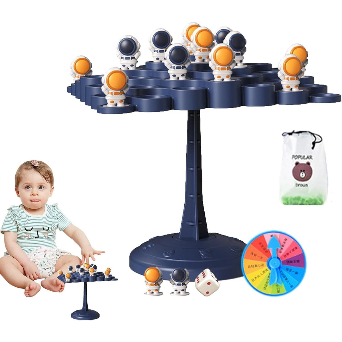 Joc Interactiv de Echilibru Astronauți, Educativ și de Dexteritate cu 50 Pioni, Roată Pedepse și Zar, Plastic, +3 Ani, 14 x 7 x 14 cm, Albastru