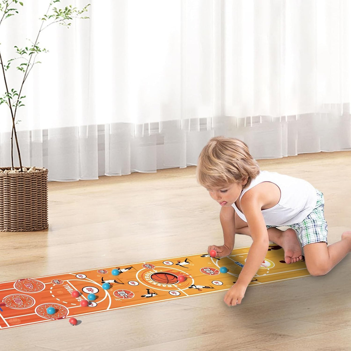 Joc Interactiv Covor de Basket pentru Copii, Joc de Masa Sportiv cu 6 Mingi Incluse, Coordonare Mana-Ochi, Plastic si Textil, 90 x 20 cm, 1-4 Jucatori, Varsta 5 Ani+, Maro