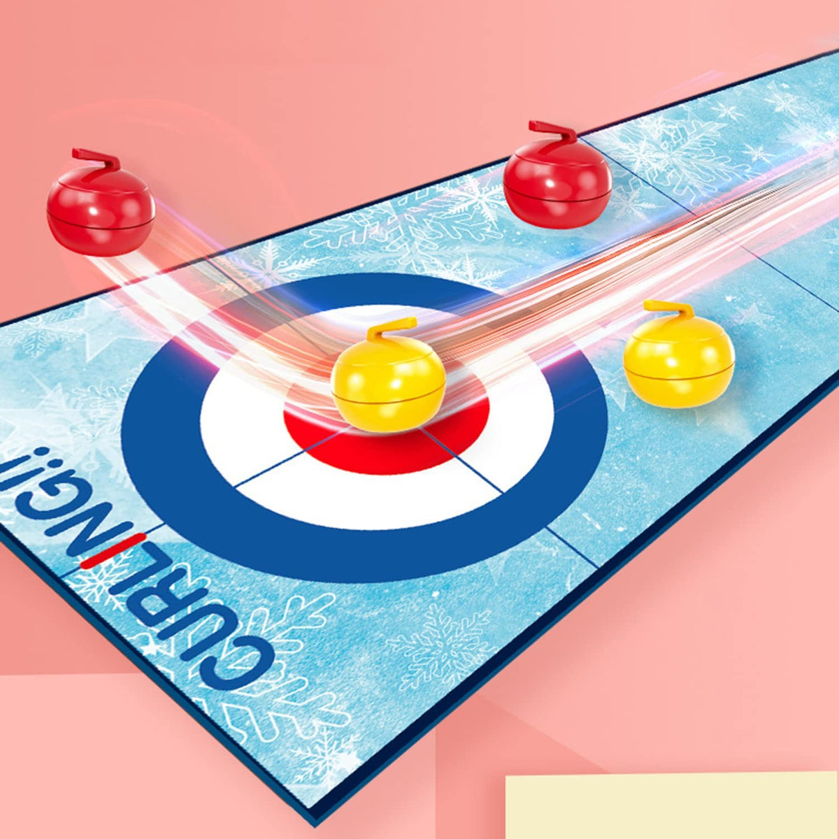 Joc Interactiv de Masa Curling, Covor pentru Copii si Familie, Educativ, Plastic si Textil, 90 x 20 cm, 6 Mingi Incluse, 1-4 Jucatori, 5 Ani+, Albastru