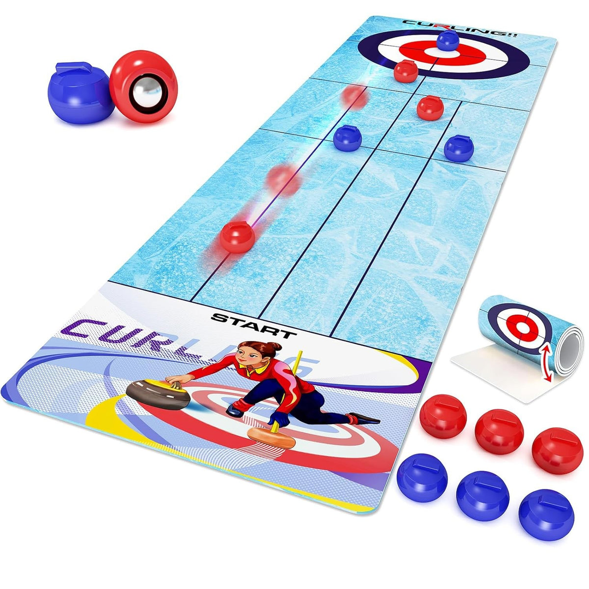Joc Interactiv de Masa Curling, Covor pentru Copii si Familie, Educativ, Plastic si Textil, 90 x 20 cm, 6 Mingi Incluse, 1-4 Jucatori, 5 Ani+, Albastru