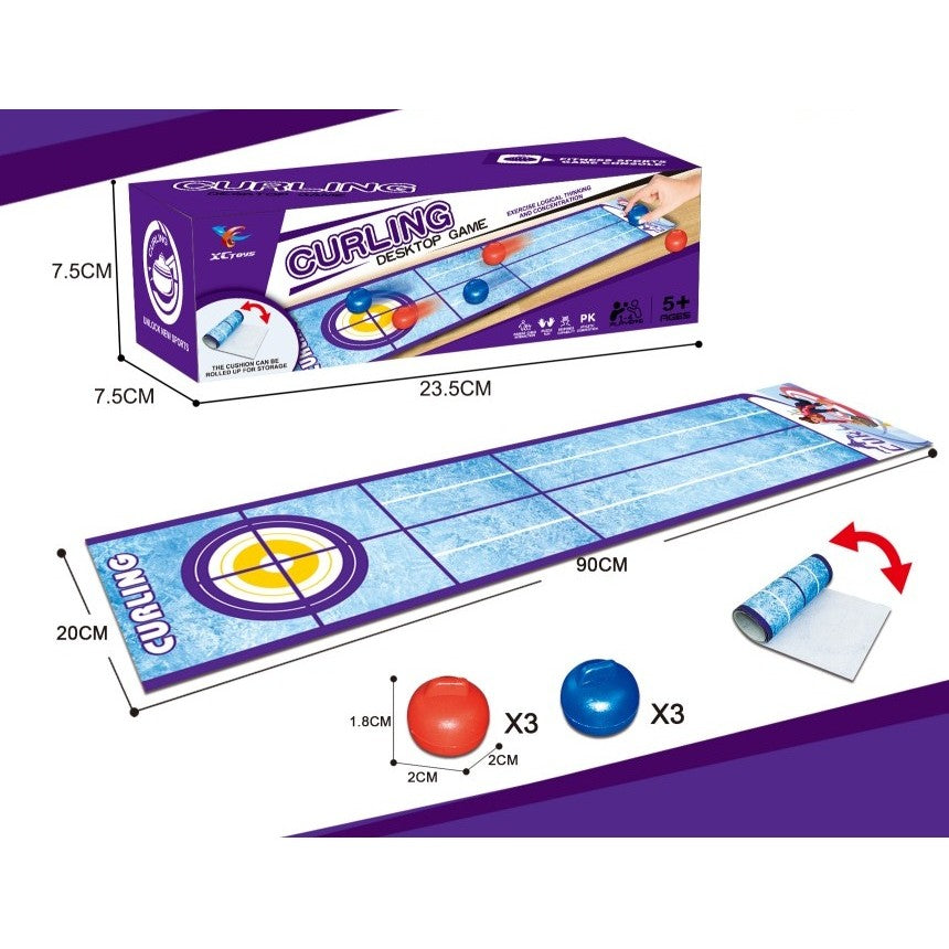 Joc Interactiv de Masa Curling, Covor pentru Copii si Familie, Educativ, Plastic si Textil, 90 x 20 cm, 6 Mingi Incluse, 1-4 Jucatori, 5 Ani+, Albastru