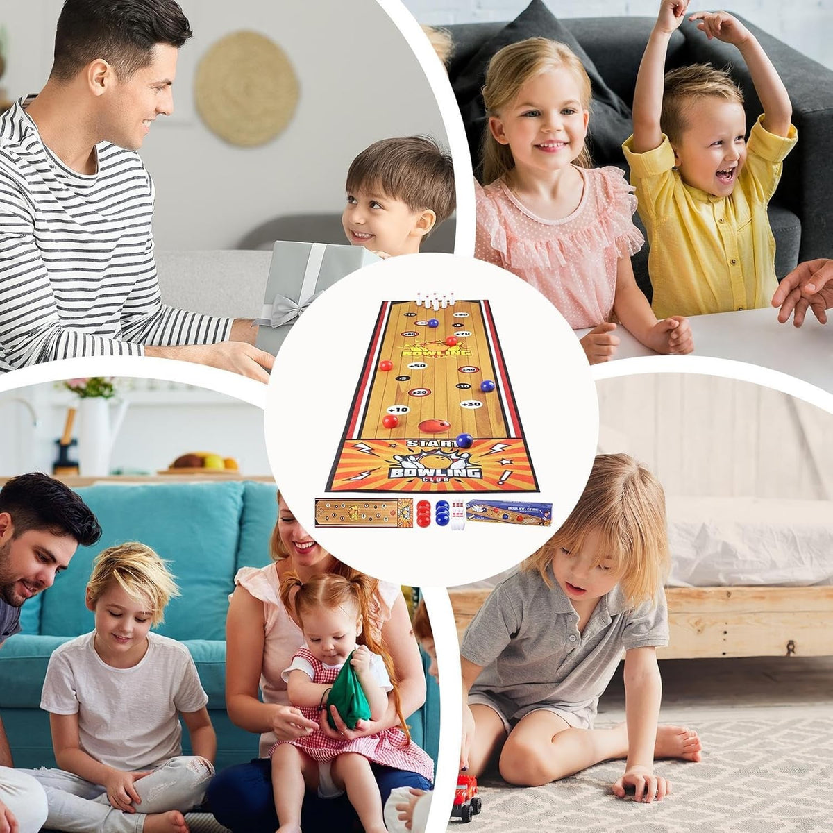 Joc Interactiv de Bowling pentru Copii, Covor Textil Portabil, 6 Mingi și 6 Popice, 1-4 Jucători, 90 x 20 cm, Galben, 5 Ani+