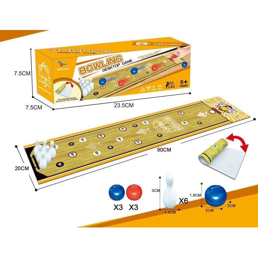 Joc Interactiv de Bowling pentru Copii, Covor Textil Portabil, 6 Mingi și 6 Popice, 1-4 Jucători, 90 x 20 cm, Galben, 5 Ani+