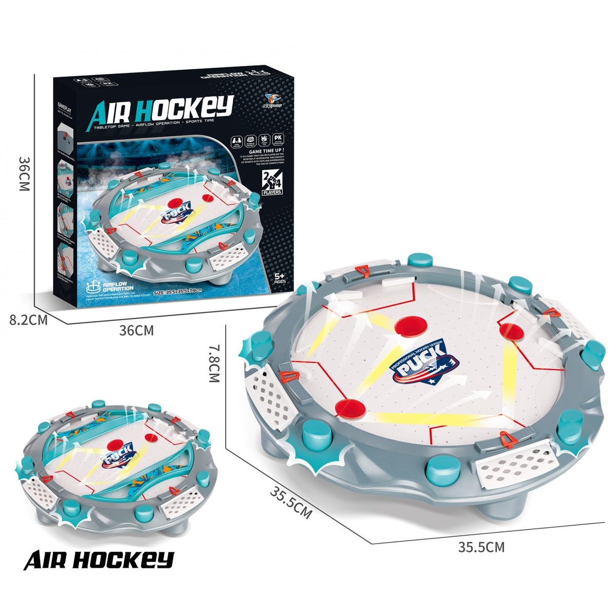 Masa Air Hockey Compacta, Joc Interactiv cu Flux de Aer si Tabela Scor, Material ABS, Gri, 35.5 x 35.5 x 7.8 cm