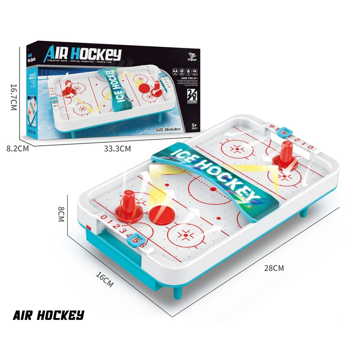 Masa Ice Hockey, Joc Interactiv Air Hockey cu Tabela de Scor si 2 Pucuri, Material ABS, 28 x 8 x 16 cm, Alb/Albastru