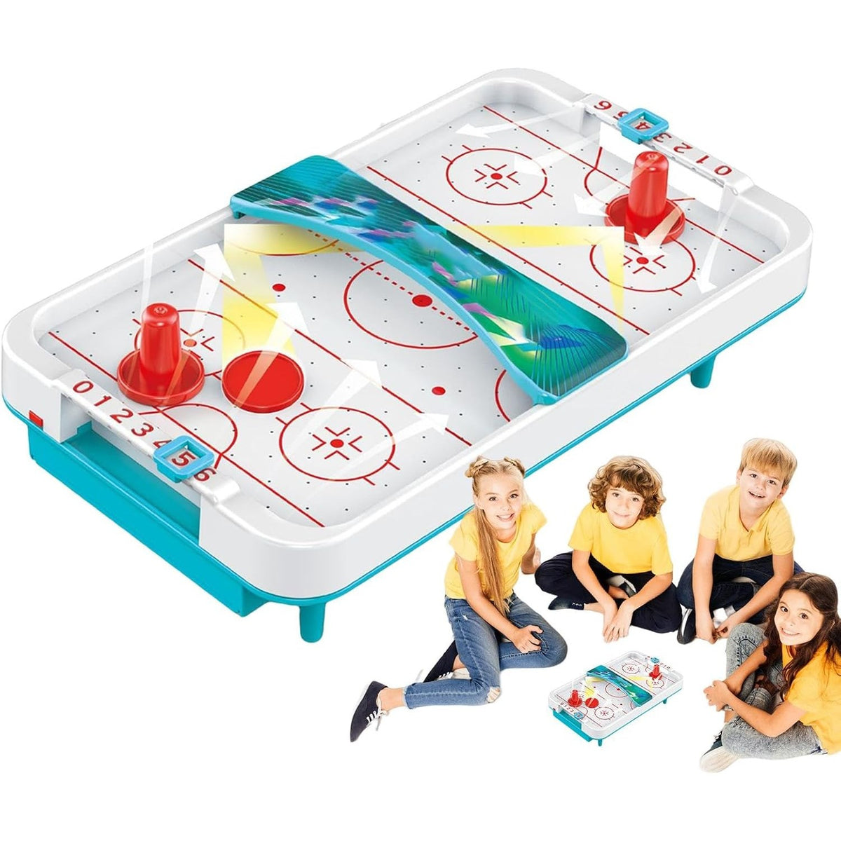 Masa Ice Hockey, Joc Interactiv Air Hockey cu Tabela de Scor si 2 Pucuri, Material ABS, 28 x 8 x 16 cm, Alb/Albastru