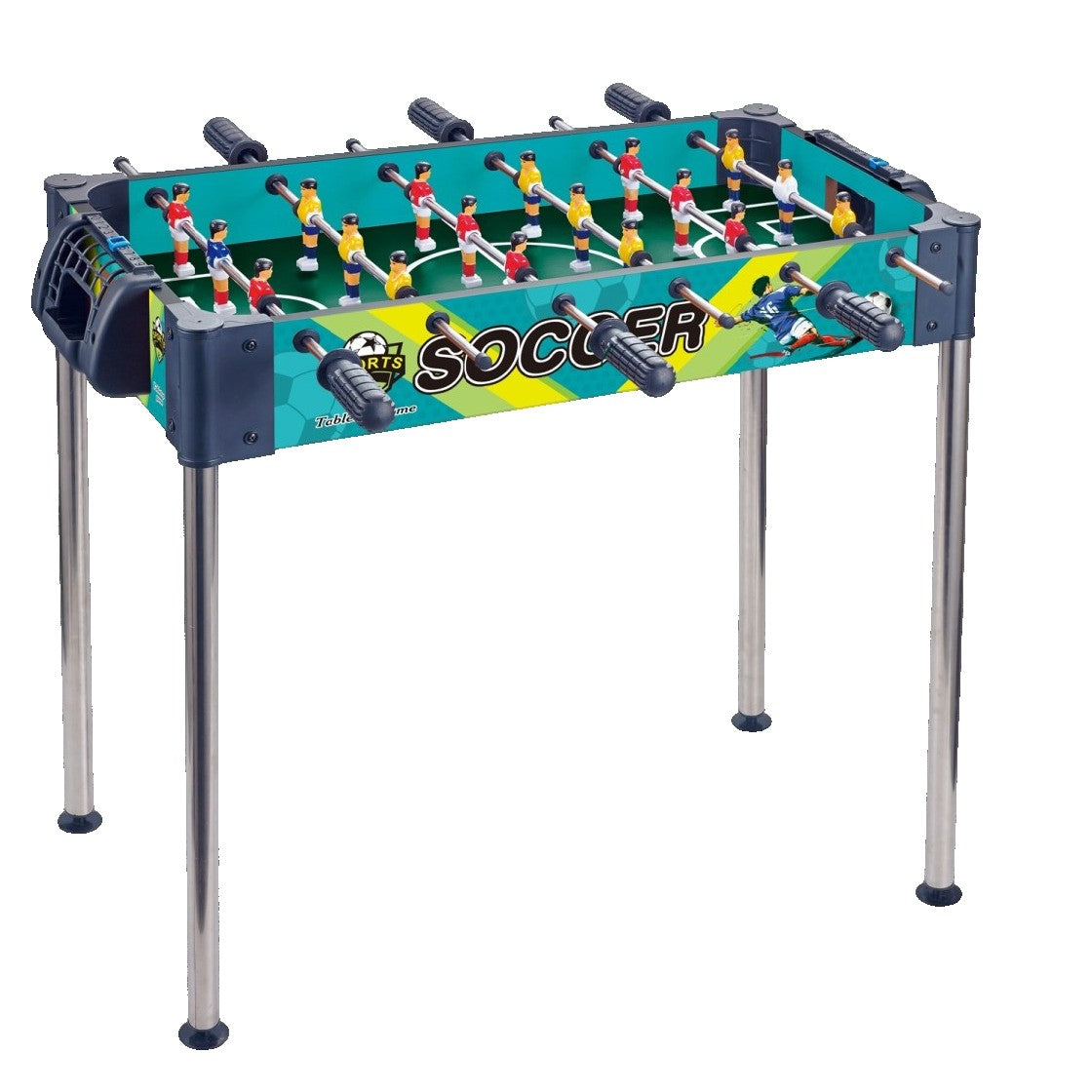 Masa de Fotbal cu Picioare Inalte, Joc de Societate pentru Copii si Adulti, Tablou de Scor si 8 Manere, Lemn si Otel Inoxidabil, 72 x 61 x 59 cm, Multicolor