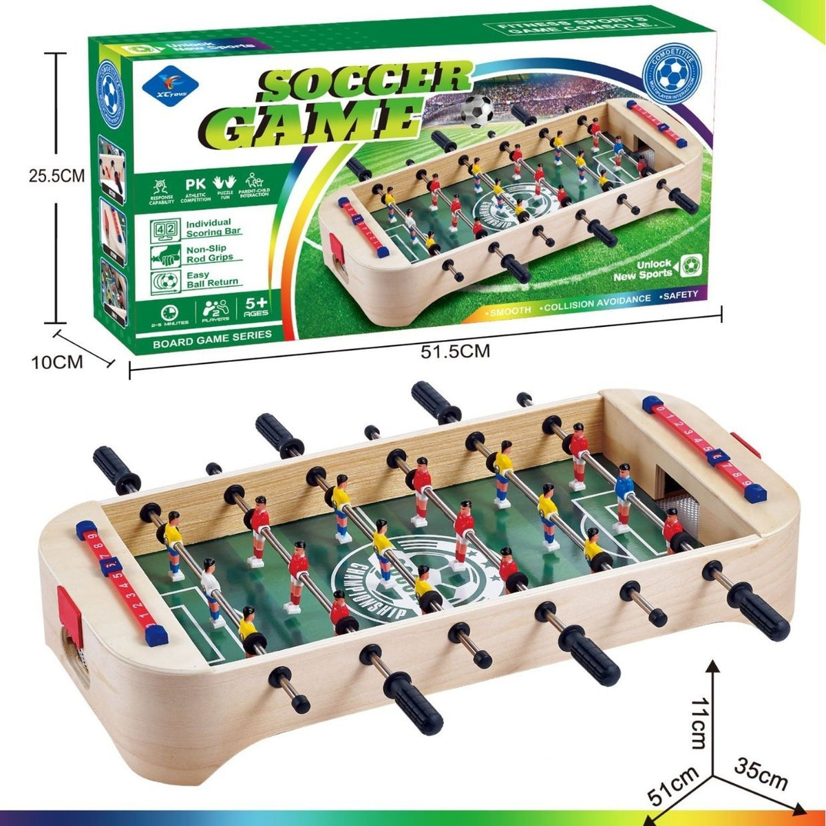 Masa de Fotbal de Tabletop, Portabila fara Picioare cu 6 Manere si Tablou Scor, Lemn si Otel Inoxidabil, 51 x 11 x 35 cm, Crem/Verde