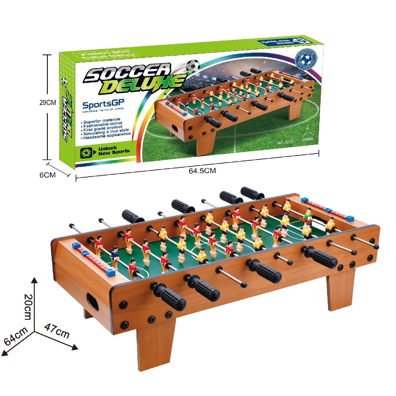 Masa de Fotbal cu Picioare Scurte, Joc de Fotbal cu 8 Manere Ergonomice si Tablou de Scor, Lemn, Otel si ABS, 64 x 20 x 47 cm, Maro/Verde