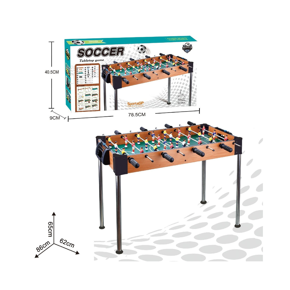 Masa de Fotbal cu Picioare Inalte, Joc de Societate pentru Copii si Adulti, 8 Manere si Tablou de Scor, Lemn si Otel Inoxidabil, 86 x 62 x 65 cm, Multicolor