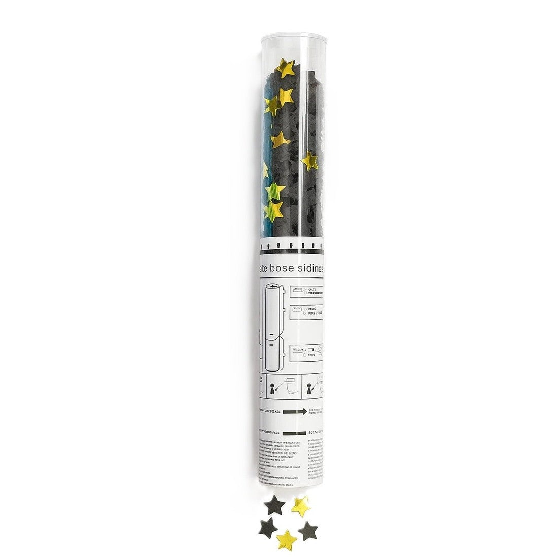 Tun de Confetti, Model Steluțe din Folie și Hârtie, Activare prin Răsucire, Ambalaj PET, 40 cm, Negru