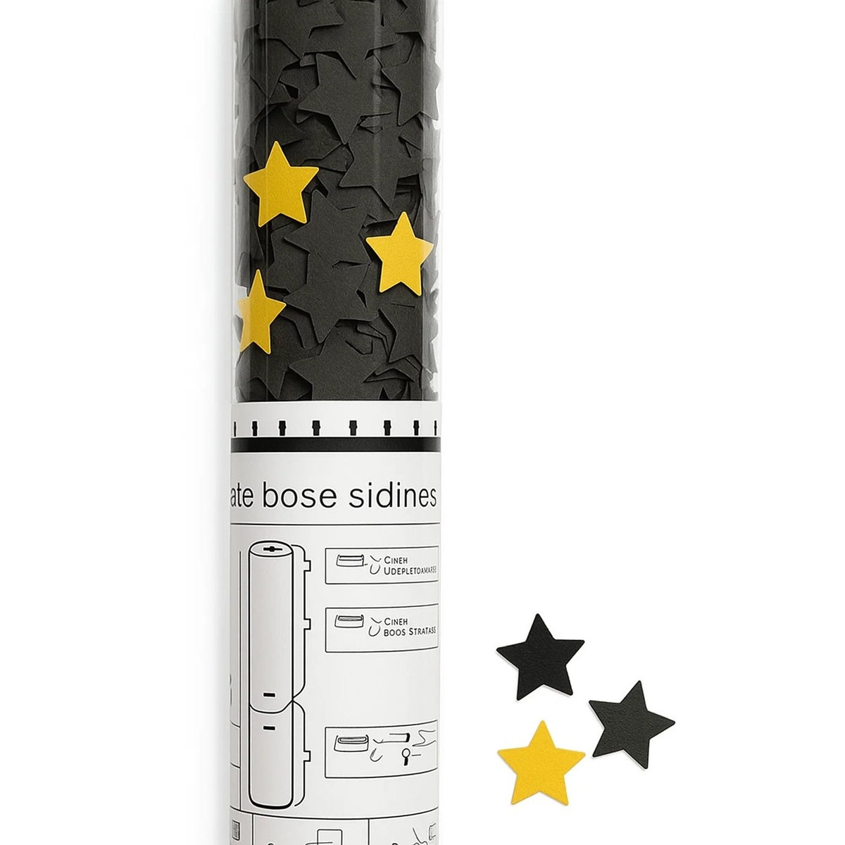 Tun de Confetti, Model Steluțe din Folie și Hârtie, Activare prin Răsucire, Ambalaj PET, 40 cm, Negru