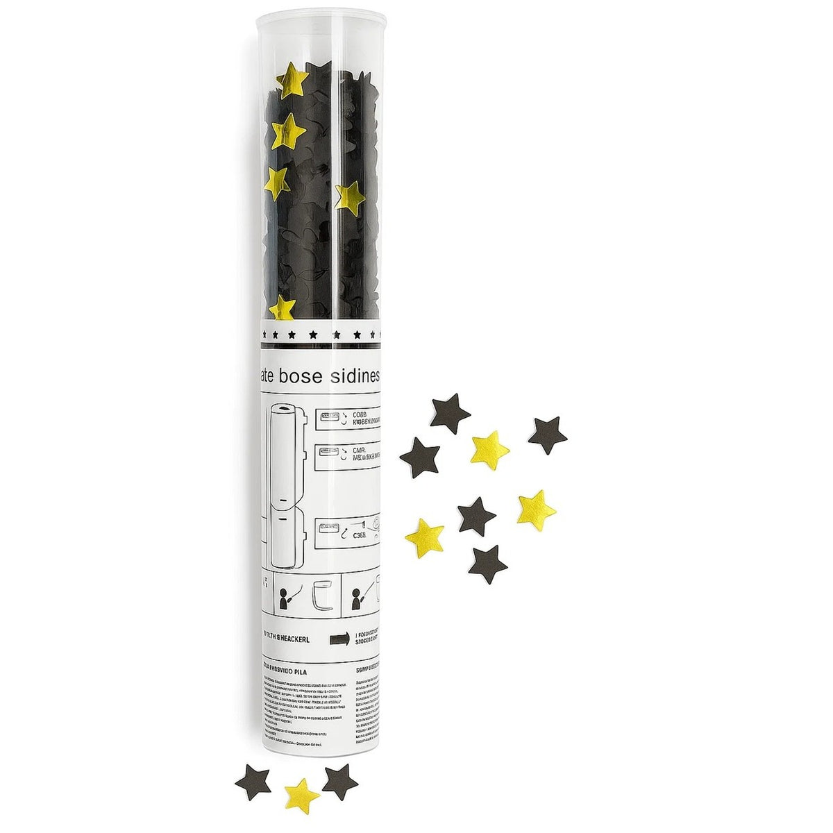 Tun de Confetti, Model Steluțe din Folie și Hârtie, Activare prin Răsucire, Ambalaj PET, 40 cm, Negru