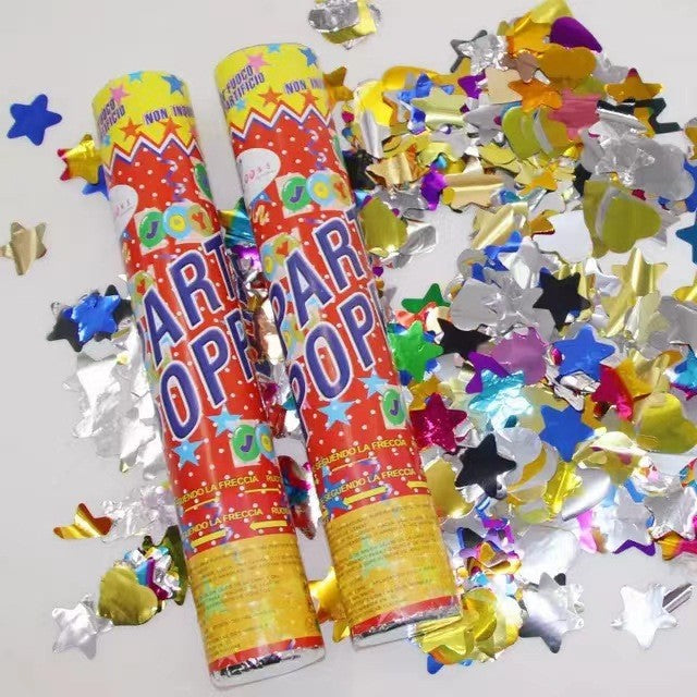 Tun de Confetti, Party Popper 40 cm, Model Stele, Inimi si Paiete Lucioase, Activare prin Rasucire, Material Carton, Multicolor, 3 cm Diametru Confetti